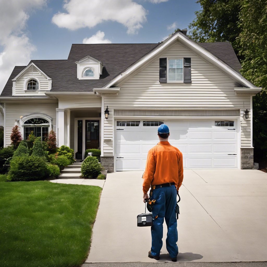 A garage door technician with his toolbox, looking at a customer's home from the curb